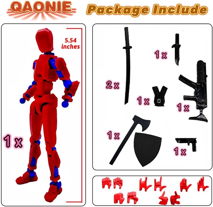 (Assembly Completed) 3D Printed Figure 5.54-inch Dummy13 with Weapon Expansion Set, Full Body Mechanical Movable Toy, Desk Decoration. (Red)