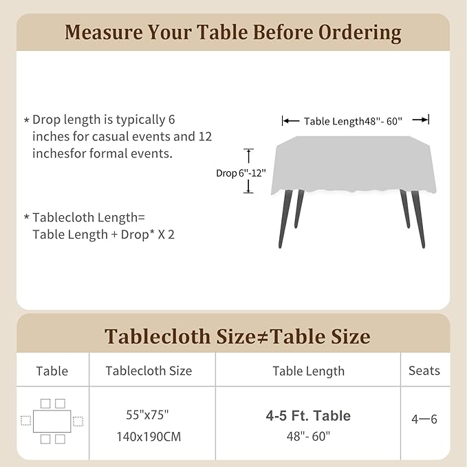 Textured Table cloth for Rectangle table, Heavy Duty Farmhouse Tablecloth Solid Cotton Linen Waterproof Wrinkle Free Burlap Table Cover for Kitchen Dining,Party, Light Brown 55''x75'',4-6 Seats