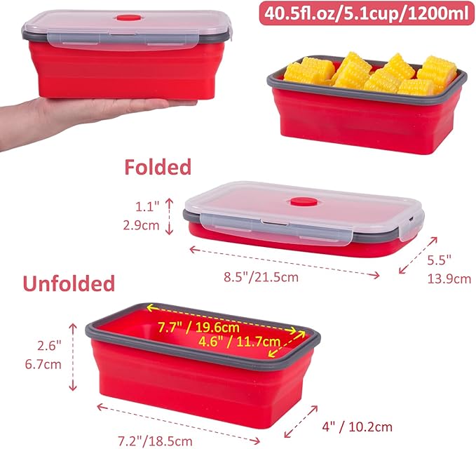 Collapsible Food Storage Containers with Airtight Lid & Air Vent, 40.5 oz, Kitchen Stacking Silicone Collapsible Meal Prep Container Set for Leftover, Microwave Freezer Dishwasher Safe, Red, Set of 4