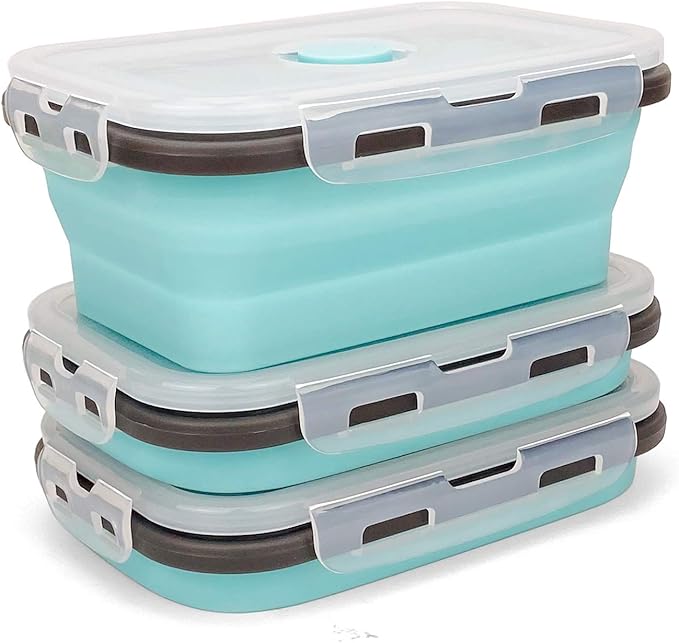 CARTINTS Set of 3 Collapsible Food Storage Containers with Lids, Collapsible Silicone Bowls, Silicone Lunch Containers, For Meal Prep, Camping, Travel, Microwave and Freezer Safe,500ml,Blue