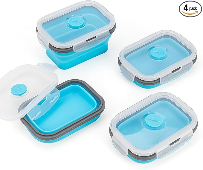 Collapsible Food Storage Containers with Lids & Vent, 11.8 oz, Kitchen Stacking Silicone Collapsible Meal Prep Container Set for Leftover, Microwave Freezer Dishwasher Safe, Blue Small 4 Pack