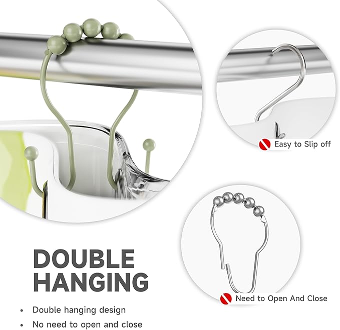 Sage Green Shower Curtain Hooks Shower Curtain Rings Rust Proof Sturdy Metal Double Shower Curtain Hooks, Shower Hooks for Shower Curtain Bathroom Shower Rod Hooks Hangers