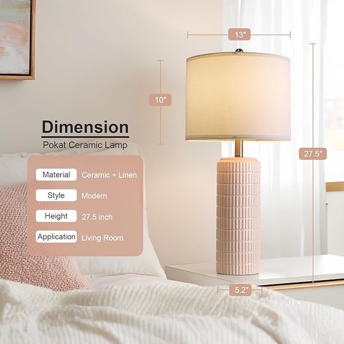PoKat 27.5" Pink Ceramic Table Lamps for Girls Room Set of 2, Modern Bedroom Lamps, Bedside Lamps for Night Stands Living Room, Cute Lamps Pink Decor, Nightstands Desk Nursery