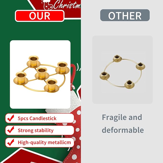 Advent Wreath Candle Holder Set with 5 Taper Candles, Gold Christmas Candle Ring Table Decoration for Advent Christmas Festival Home Church