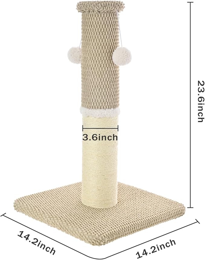 Made4Pets Tall Cat Scratching Post, Heavy Duty and Thicker Scratching Posts for Indoor Cats Adults, 23.6" Natural Sisal Cat Scratcher with Hanging Balls, Sturdy Base Cat Scratch Post, Beige