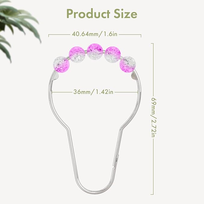 Amazer Pink Shower Curtain Hooks, Decorative Shower Curtain Hooks Smooth Glide, Shower Curtain Rings Rustproof Stainless Steel Shower Hooks for Pink Bathroom Decor 12pcs