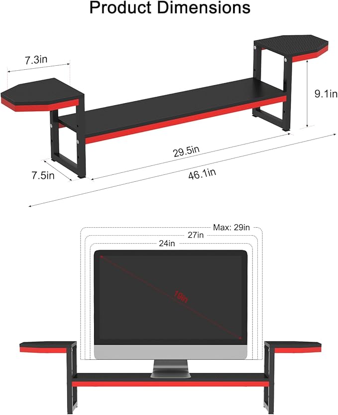 Monitor Stand for Desk,Wood and Steel Monitor Stand Riser with Side Storage shelf,Height Adjustable Computer Monitor Stand,Long Desk Shelf Organizer for Computer/Laptop/PC/Printer, Black+Red