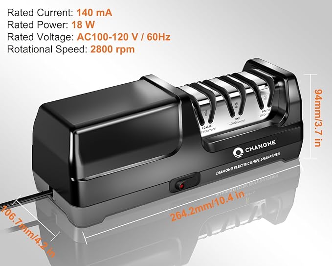 Electric Kitchen Knife Sharpener,3 Stages Diamond Abrasives of 360 Grit,600 Grit and 1000 Grit for Sharpening Stainless Steel Knives and Ceramic Knives, for Kitchens and Restaurants (20° Angle)