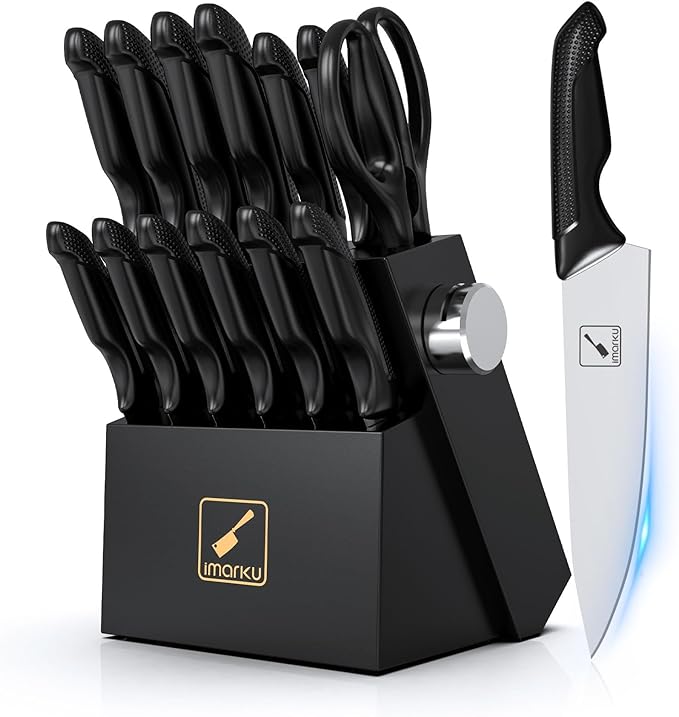 imarku Knife Set with Block, Sharp Knives Set with Built-in Sharpener, Stainless Steel Kitchen Knife Sets with Non-Slip Ergonomic Handle, Dishwasher Safe, 14 PCS Professional Knife Set for Gift, Black