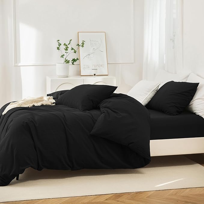 JIYUAN 100% Washed Cotton Duvet Cover Set 3 Pieces King, 1 Duvet Cover 104x90 Inches(Comforter Not Included) and 2 Pillowcases,Linen Feel Bedding Set Comfy and Breathable,Black