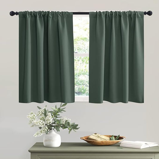 RYB HOME Small Window Curtains Blackout - Privacy Energy Saving Insulating Curtains Blinds for Bedroom Bathroom Basement Kids Nursery Kitchen, W 34 x L 48 inches, Dark Green, 2 Panels