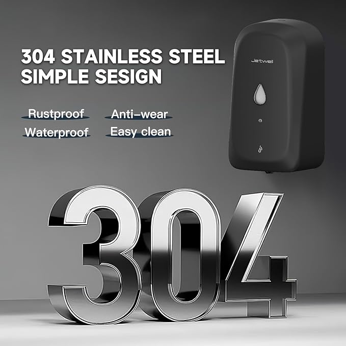 JETWELL Automatic Touch-Less Wall Mount Hand Soap Dispenser Liquid Drop Battery Operated, Black Matte Stainless Steel Cover Large Capacity 34OZ/1000ML for Kitchen Home Commercial Bathroom