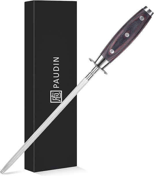 PAUDIN 10 Inch Honing Steel, Knife Sharpening Steel, Professional Carbon Steel Knife Sharpener Rod for Kitchen Knives