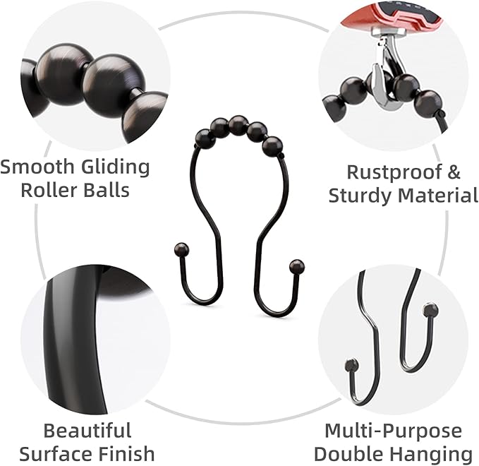 Shower Curtain Hooks Bronze Shower Curtain Rings Rust Proof Double Hook Shower Curtain Hooks, 12 Pcs Shower Hooks for Shower Curtain, Shower Rings for Curtain Bathroom, Metal Shower Rod Hooks