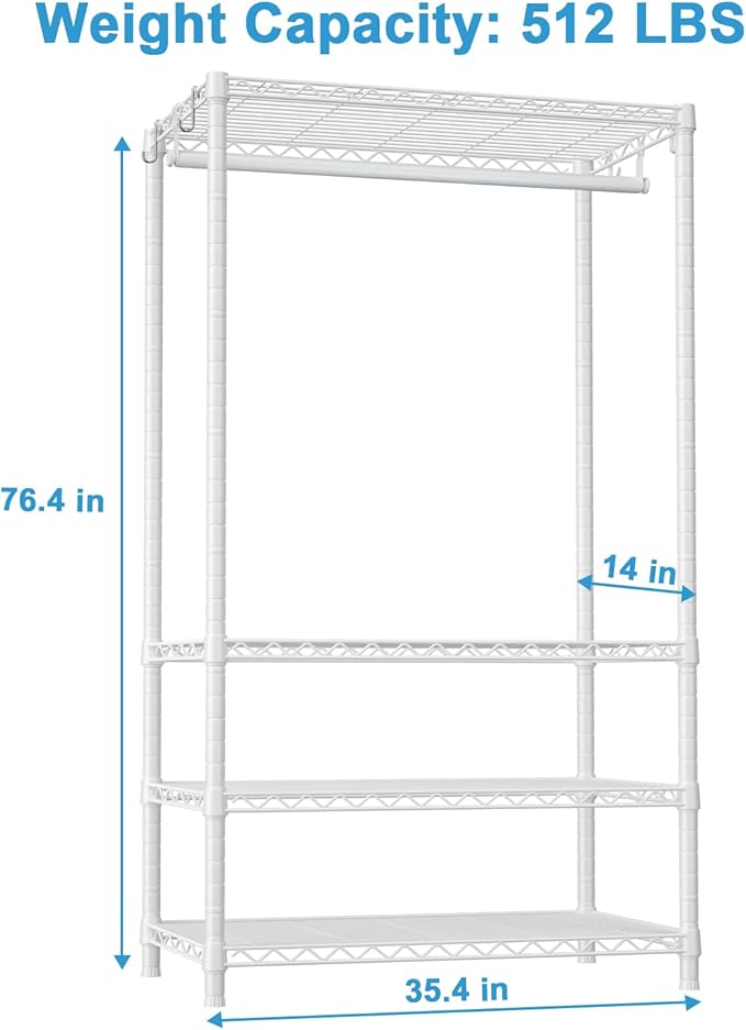 Ulif H4 Portable Closets, 4-Tier Metal Clothes Garment Rack for Bedroom and Cloakroom, Clothing Closet Storage and Organizer Wardrobe, 35.4" W x 14" D x 76.4" H, White