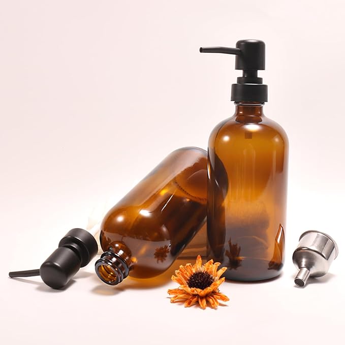 16 Oz Amber Glass Soap Dispenser with Black Pump, Refillable Liquid Hand soap Dispenser for Bathroom, 2 Pack Premium Kitchen Soap Dispenser