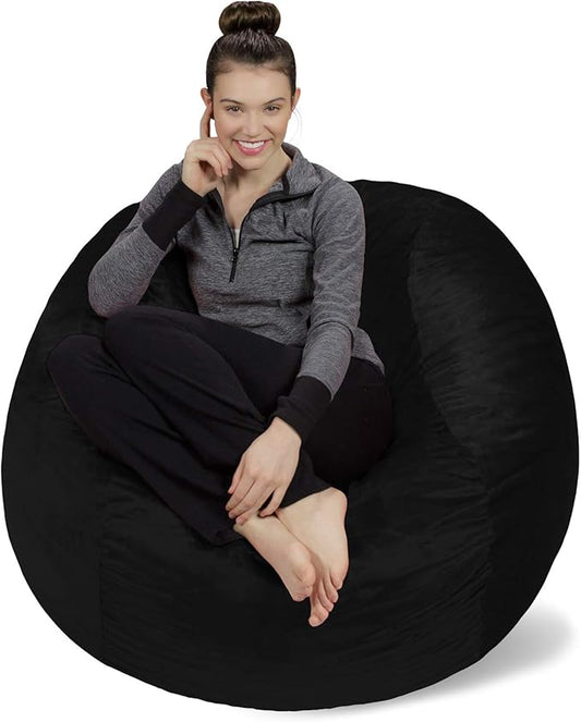 Sofa Sack Bean Bag Chair Cover Only, for Adults and Kids, Without Filling Comfy Fluffy Round or Oval Beanbag Chair Cover Replacement, Lazy Sofa Cover for Reading Chair or Floor Chair, 4-Feet, Black