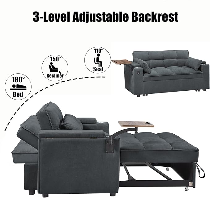 65'' Convertible Sleeper Sofa Bed with Adjustable Backrest, Chaise Lounge, Side Table & USB/Type-C Ports – Stylish & Functional Addition to Any Living Room (Drak Grey)