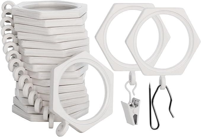 BlastHome® Luxury Curtain Rings - Premium Metal with Quiet, Smooth Nylon Inserts - Pinhooks and Clips Included - 1 1/2" Inside Diameter - 18 Rings for Two Standard Curtains - Brushed White
