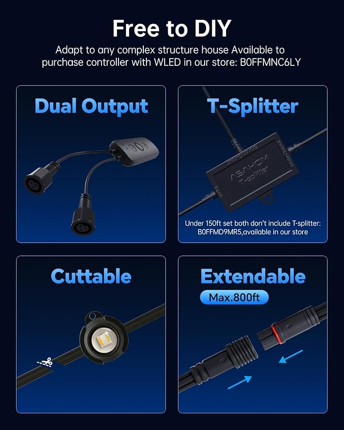 ASAHOM AI Permanent Outdoor Lights S107D, 200FT with 144 RGBCW LED Lights and Dual Output, 30,000 Lighting Effect Combination, IP67 Waterproof for House Halloween Christmas and Daily Decoration, Black