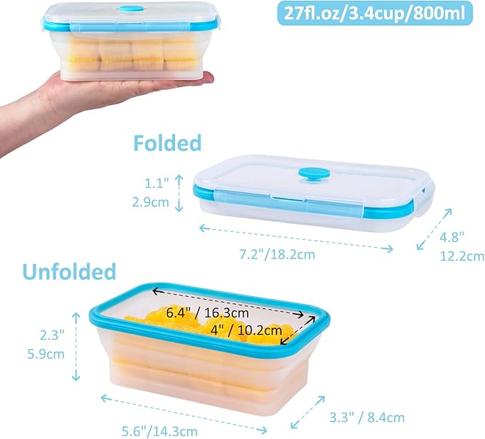 Collapsible Food Storage Containers with Airtight Lid & Vent, 27oz, Kitchen Stacking Silicone Collapsible Meal Prep Container Set for Leftover, Microwave Freezer Dishwasher Safe, Translucent, Set of 4