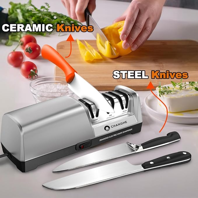 Electric Knife Sharpener 3 Stage - 100% Diamond Abrasives with 15°Precision Angle Guide, for Sharpening and Polishing Steel Kitchen Knives and Ceramic Knives,240 Grit and 600 Grit and 1000 Grit