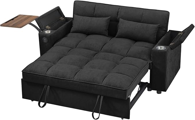 65'' Convertible Sleeper Sofa Bed with Adjustable Backrest, Chaise Lounge, Side Table & USB/Type-C Ports – Stylish & Functional Addition to Any Living Room (Black)