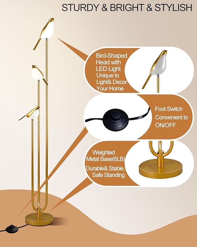 Lightdot Gold Floor Lamp for Living Room Modern Mid Century Standing Light with 3 Adjustable LED Bird Lights for Wedding Party Unique Candle Holder Style Tall Floor Lamp for Bedroom Kids Room