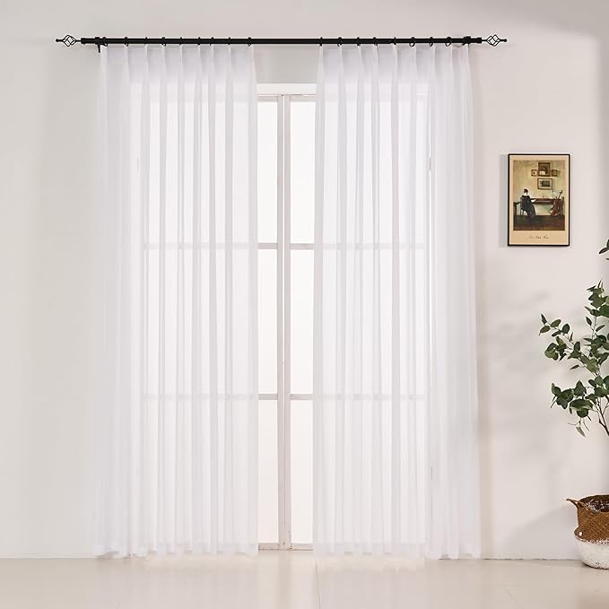108 Inches Long Pure White Curtains for Bedroom Living Room Pinch Pleated Chiffon Sheer Curtains Light Filterring Semi-Sheer Curtain Pinch Pleat Drapes, 2 Panels,W52 x L108