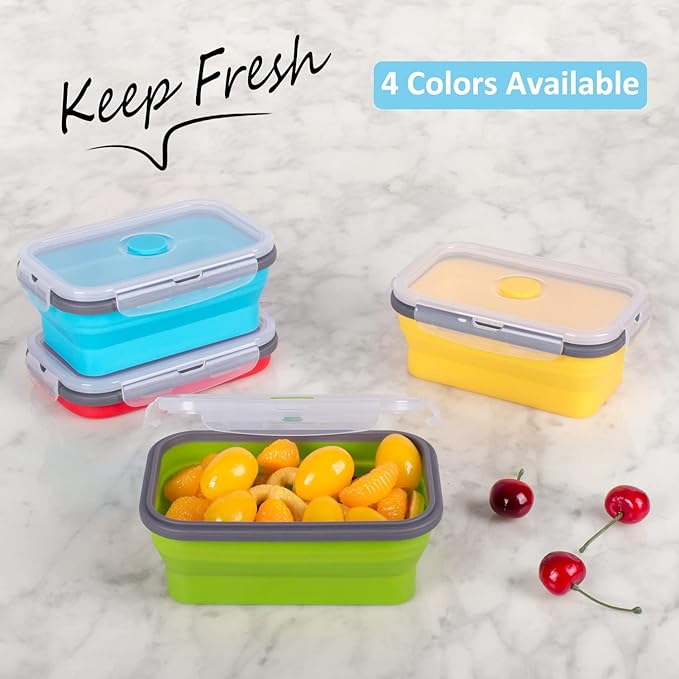 Collapsible Food Storage Containers with Airtight Lid, 16.9 oz, Small Kitchen Stacking Silicone Collapsible Meal Prep Container Set for Leftover, Microwave Freezer Dishwasher Safe, 4 Colors, Set of 4