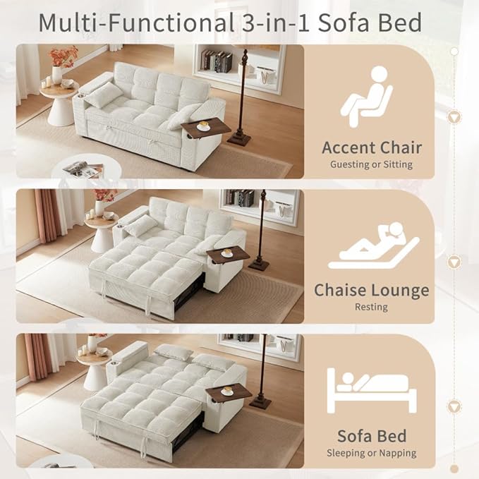 65'' Convertible Sleeper Sofa Bed with Adjustable Backrest, Chaise Lounge, Side Table & USB/Type-C Ports – Stylish & Functional Addition to Any Living Room (Modern Beige Sofa Bed)