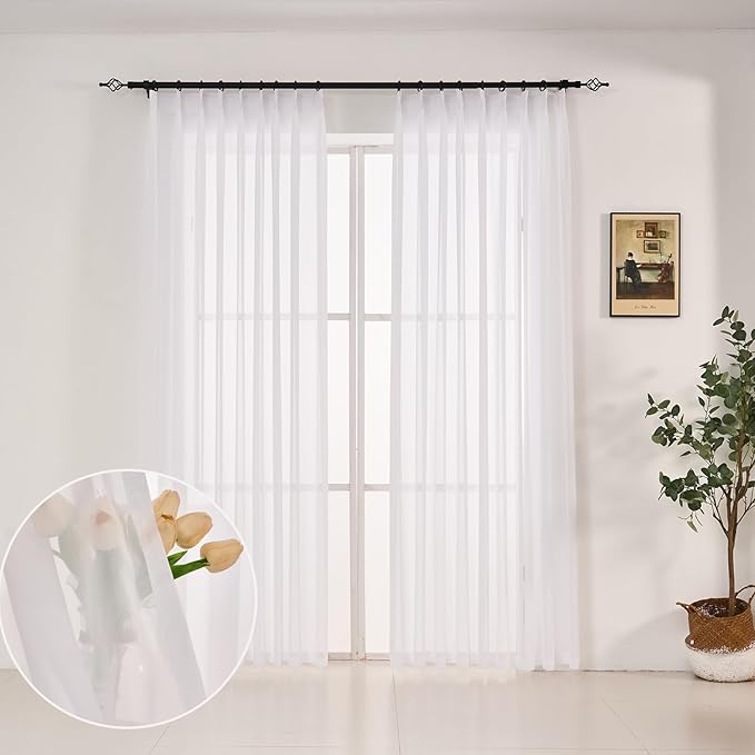 102 Inches Long Pure White Curtains for Bedroom Living Room Pinch Pleated Chiffon Sheer Curtains Light Filterring Semi-Sheer Curtain Pinch Pleat Drapes, 1 Panel,W52 x L102