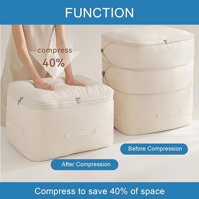 2PCS Comforter Storage Bag, 3-Layer Zipper Large Capacity Storage Bag, Ultra Space Saving Self Compression Storage Bags for Comforters, Clothes, Pillows and Bedding Sets (Beige, X-Large)