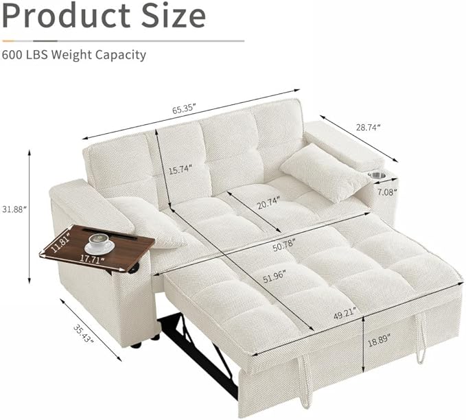 65'' Convertible Sleeper Sofa Bed with Adjustable Backrest, Chaise Lounge, Side Table & USB/Type-C Ports – Stylish & Functional Addition to Any Living Room (Modern Beige Sofa Bed)