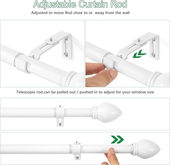 Curtain Rods for Windows 16 to 48 inches, Curtain Rod Max Adjustable Length to 60 in, Drapery Rod 1 inch Diameter with Modern Knobs Finials (White, 16" to 48" - Set of 2)