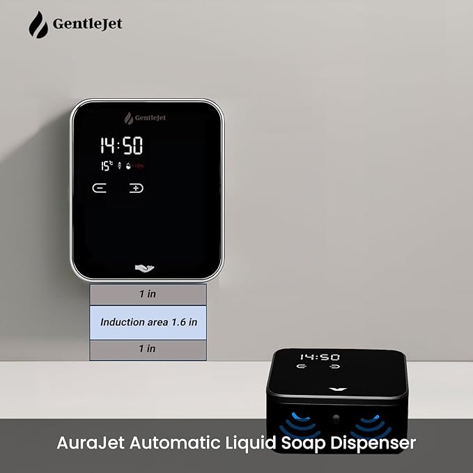AuraJet Automatic Liquid Soap Dispenser Touchless - Adjustable Levels, Digital Display, Aluminum Alloy Body, Battery Operated or USB-Powered Automatic Hand Soap Dispenser Wall Mount