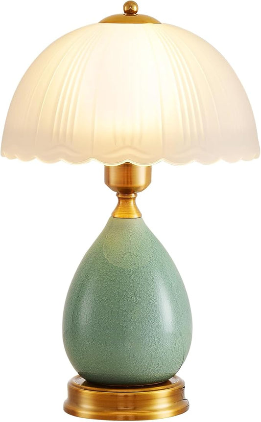 Table Lamps for Bedroom Vintage Golden Table Lamps for Bedroom Ceramic Retro Lamp for Living Room,16" Modern Bedside Nightstand Traditional Lamps, Classic Chinoiserie Green Glass Lamp for Home Decor