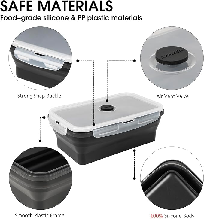 Collapsible Food Storage Containers with Lids, 4 Pack, 40 oz Silicone 1-Compartment Meal Prep Containers Reusable, Lunch Bento Boxes for Adults, Microwave Freezer Dishwasher Safe, BPA-Free, Black