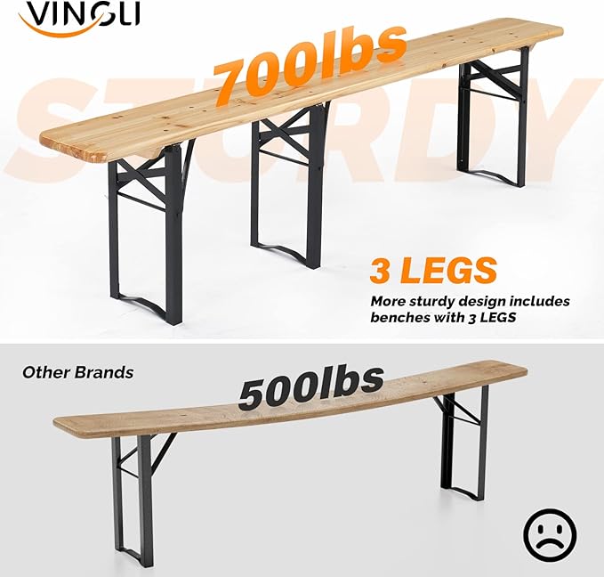 VINGLI 70 Inch Folding Picnic Tables with Benches Set, Weather-Resistant Wooden Beer Garden Table Bench, 3-Piece Portable Fold Up Camping BBQ Table w/Carrying Handles