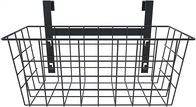 MaraFansie Basket with Hook, Grid Storage Basket, Over the Cabinet Door Organizer, Wire Hanging Basket with Hook Over the Railing, Under Sink Kitchen Cabinet, Pantry, Bathroom, Black, 2 Pack