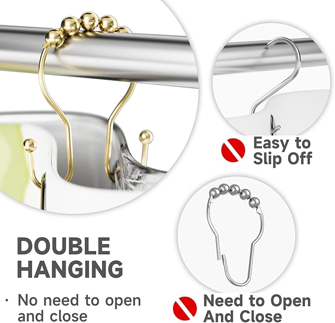 Gold Shower Curtain Hooks, Shower Curtain Hook Shower Curtain Rings Rust Proof Smooth Double Shower Curtain Hooks, Shower Hooks for Shower Curtain Bathroom Shower Rod Hook 12 Pcs