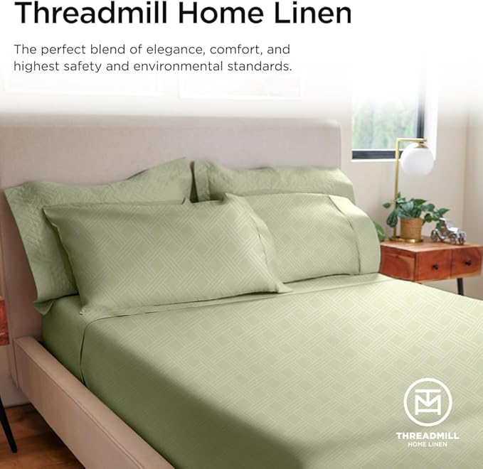 Threadmill Twin Sheets for Twin Mattress | 800 Thread Count Jacquard Celine Sage Green Sheets | 100% Cotton 3 Piece Bed Sheets | Extra Long Staple Cotton | Cotton Sheet with Elasticized Deep Pocket