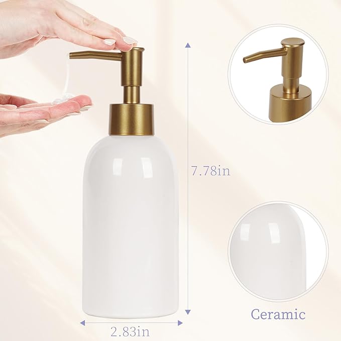 Natheeph 2PC 14OZ Ceramic Soap Dispenser Ceramic Soap Pump Dispenser Can Fill Liquid for Bathroom/Kitchen (White + Green)