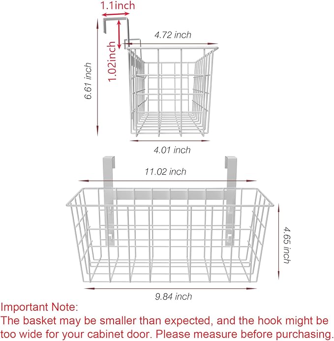 MaraFansie Basket with Hook, Grid Storage Basket, Over the Cabinet Door Organizer, Wire Hanging Basket with Hook Over the Door/Railing, Under Sink Kitchen Cabinet, Pantry, Bathroom, White, 4 Pack