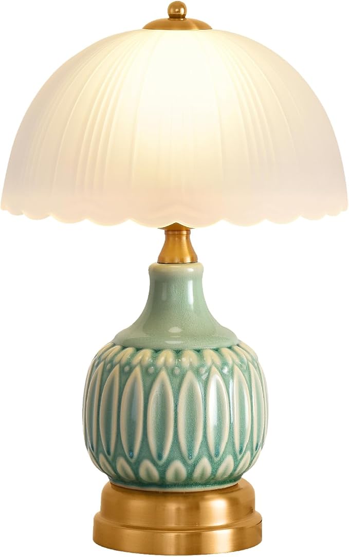Table Lamps for Bedroom Vintage Golden Table Lamps for Bedroom Ceramic Retro Lamp for Living Room,16" Modern Bedside Nightstand Traditional Lamps, Classic Chinoiserie Green Glass Lamp for Home Decor