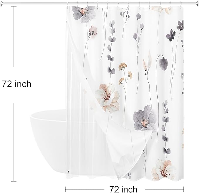 Gibelle 3 in 1 Shower Curtain Set, Charcoal Grey Watercolor Floral Bath Curtain and PEVA Liner Set with 12 Double Sided Steel Hooks, Waterproof Fabric Bathroom Curtain 72x72