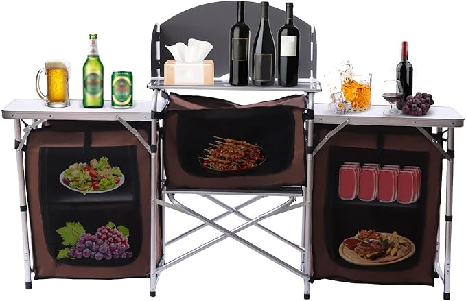 Camping Kitchen Table, Brown Aluminum Portable Folding Camp Cook Station, Outdoor Cooking Table with Windscreen and 3 Storage Cupboards for Picnic and BBQ
