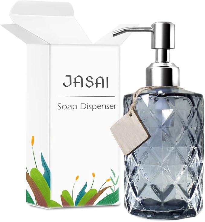 JASAI Diamond Design Glass Soap Dispenser with 304 Rust Proof Stainless Steel Soap Pump, 12 Ounce Kitchen Soap Dispenser for Bathroom, Hand Soap, Dish Soap (Grey)