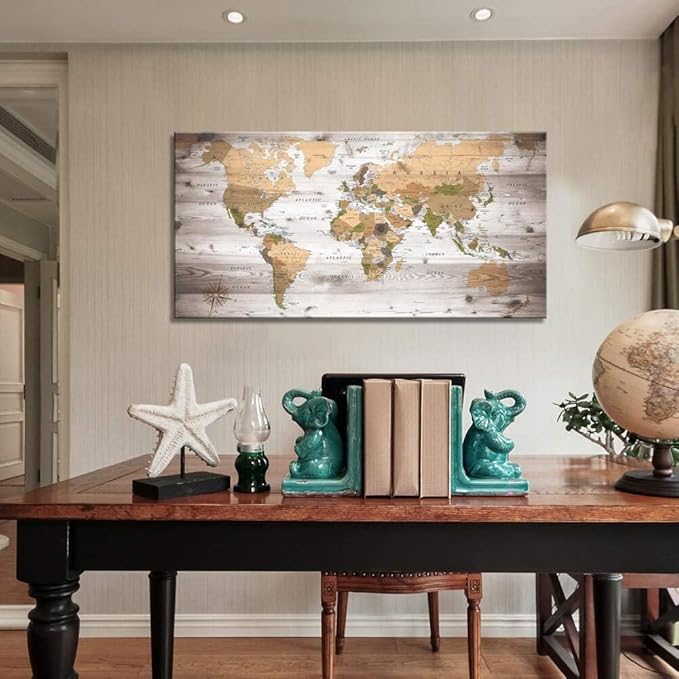 canvas Wall Art 24“x48"lagre map of the world Painting Ready to Hang Framed World Map Artwork Prints for Home