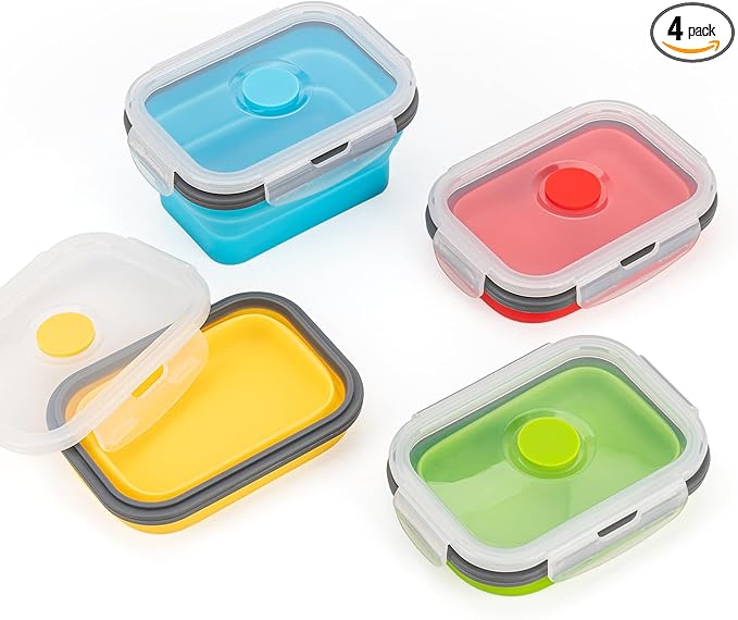 Collapsible Food Storage Containers with Airtight Lid, 11.8 oz, Small Kitchen Stacking Silicone Collapsible Meal Prep Container Set for Leftover, Microwave Freezer Dishwasher Safe, 4 Colors, Set of 4